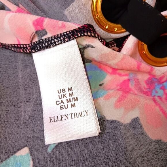 ELLEN TRACY Women’s Black Floral Drape Neck Blouse Top M Bow Detail, Stretch - Picture 8 of 9